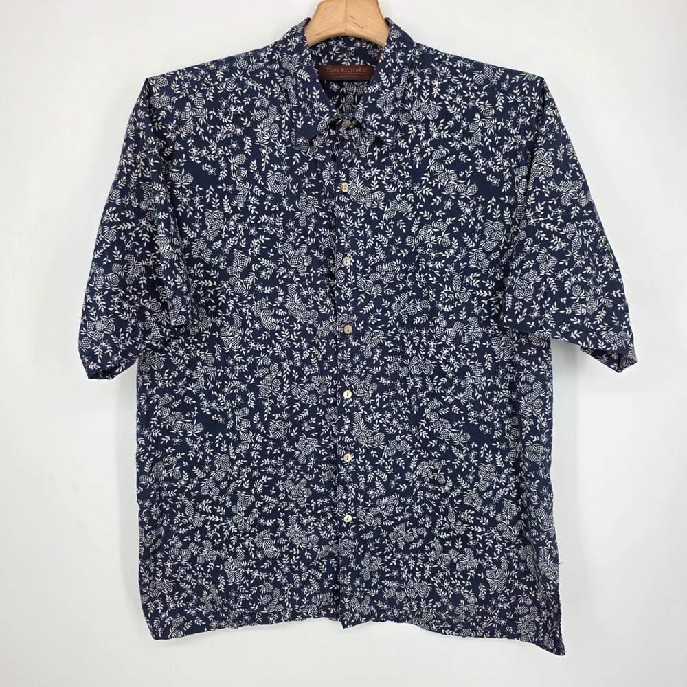 Tori Richard Honolulu Mens Large Navy Blue Pineapple Cotton Lawn Aloha Shirt